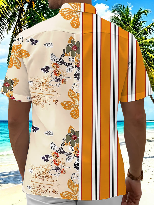 Adaychic Men's Hawaiian Color-block Stripes Print Short Sleeve Shirt with Chest Pocket