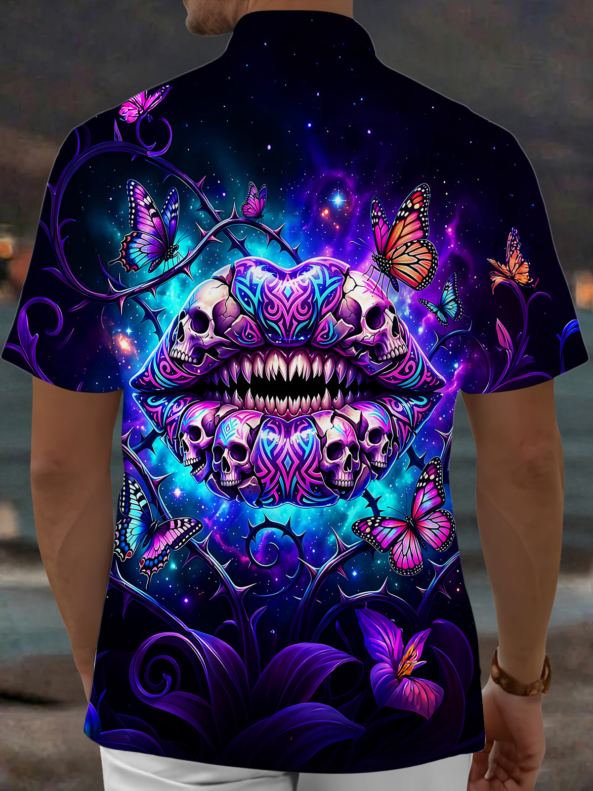Adaychic Men's Graphic Skull Lips Print Butterflies Print Short Sleeve Shirt with Chest Pocket