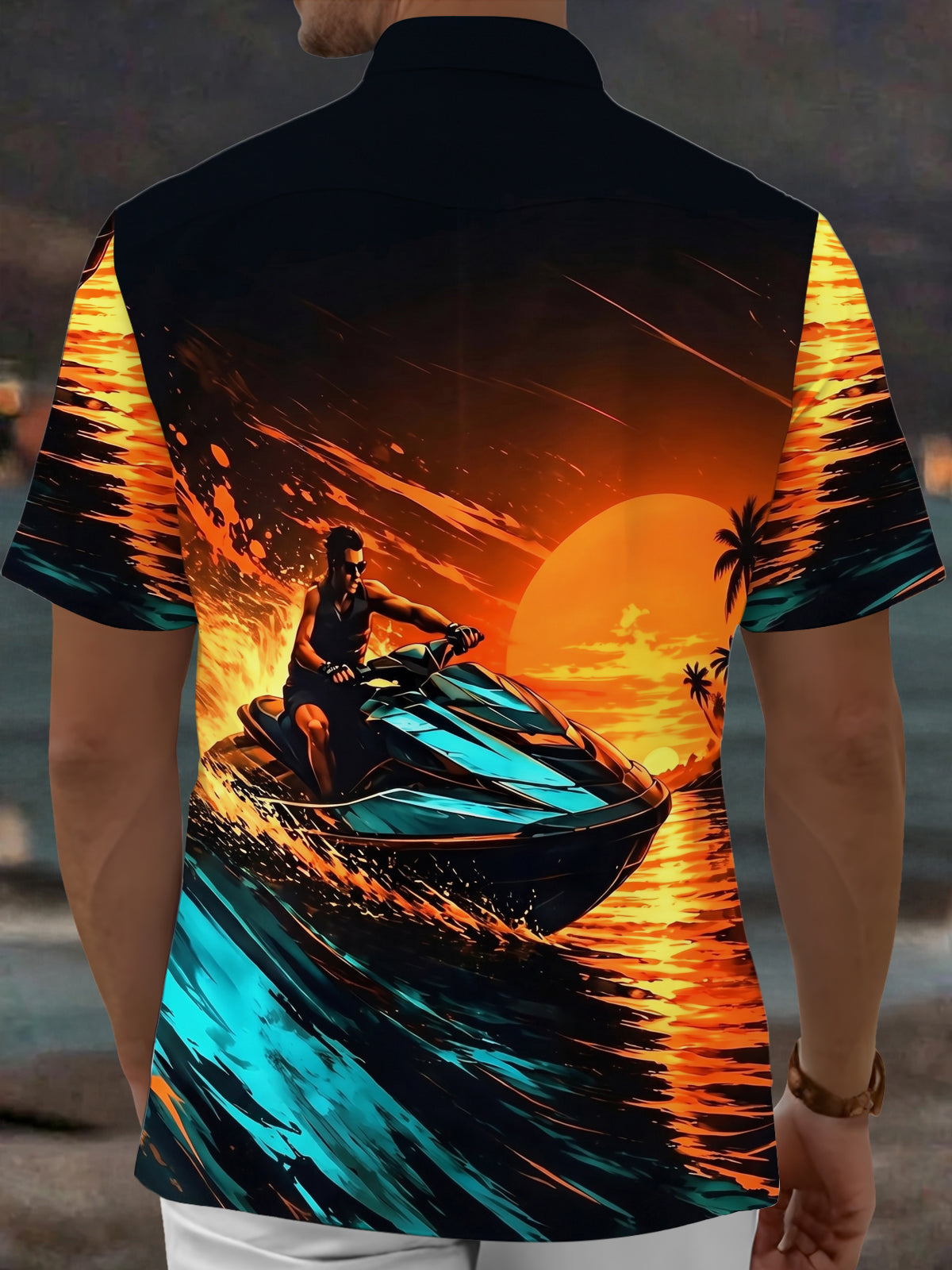 Adaychic Men's Hawaiian Jet Ski Sunset Print Short Sleeve Shirt with Chest Pocket