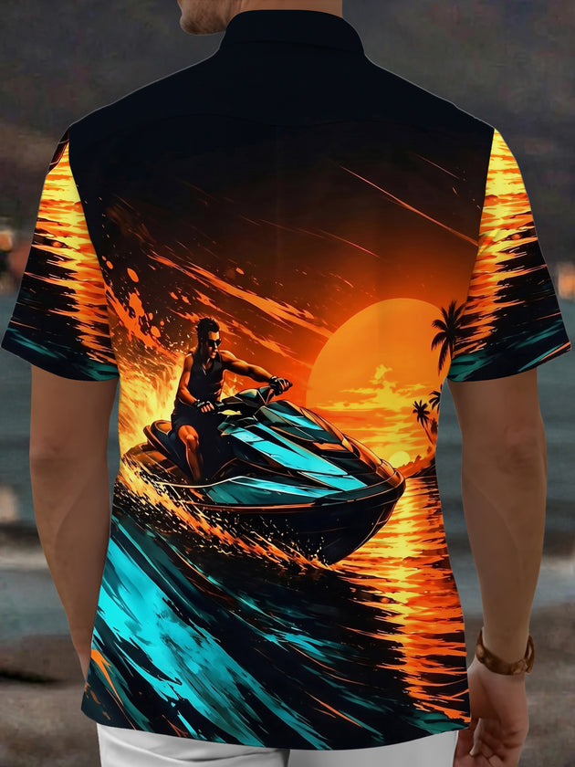 Adaychic Men's Hawaiian Jet Ski Sunset Print Short Sleeve Shirt with Chest Pocket