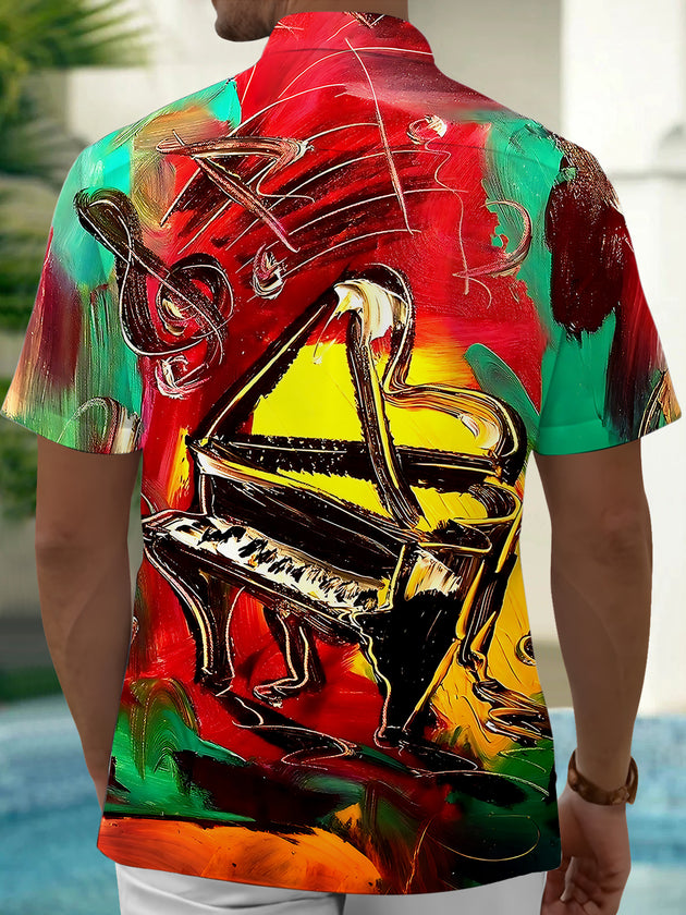 Art Oil Painting Piano Men's Pocket Short Sleeve Shirts