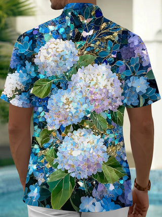 Men's blue floral Hawaiian short sleeve shirt back view