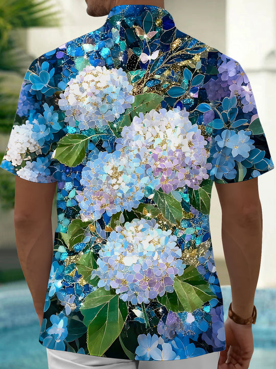 Men's blue floral Hawaiian short sleeve shirt back view