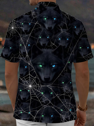 Adaychic Men's Short Sleeve Shirt - Halloween Black Wolf Faces And Spider Webs Print with Chest Pocket
