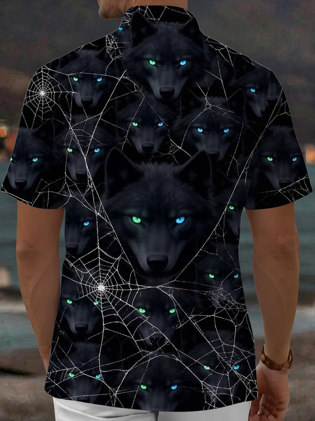 Adaychic Men's Short Sleeve Shirt - Halloween Black Wolf Faces And Spider Webs Print with Chest Pocket