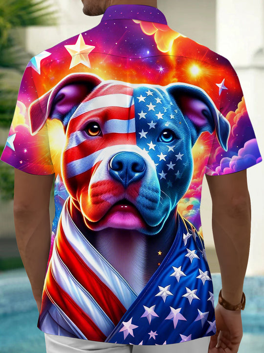 Independence American Flag Dog Men's Pocket Short Sleeve Shirts