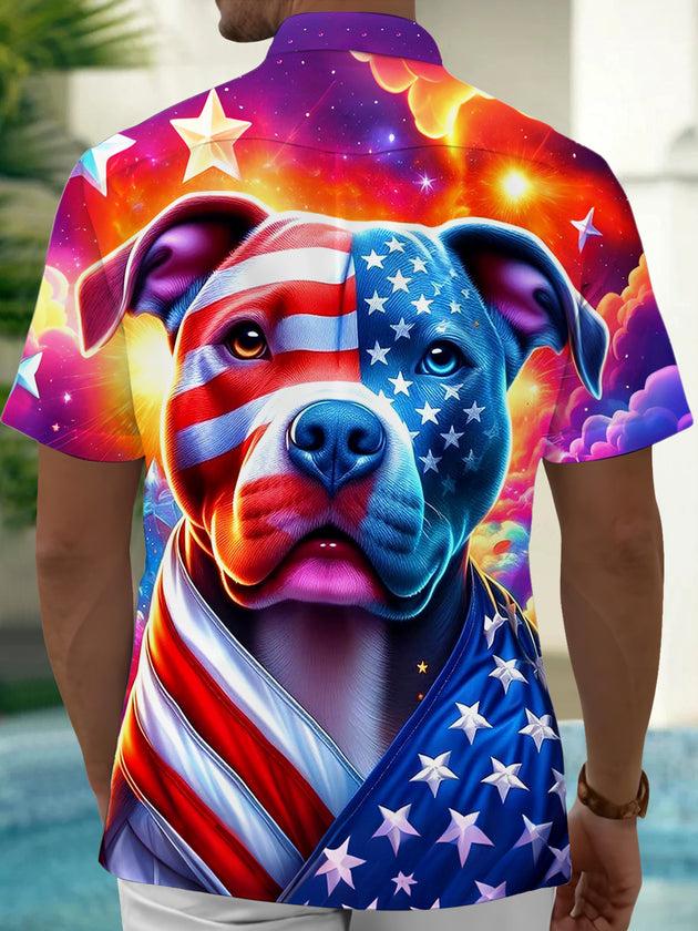 Independence American Flag Dog Men's Pocket Short Sleeve Shirts