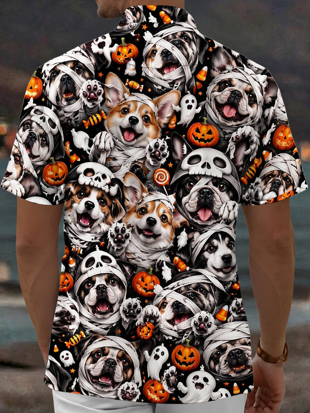 Adaychic Men's Halloween Mummy Dogs And Pumpkins Print Short Sleeve Shirt with Chest Pocket