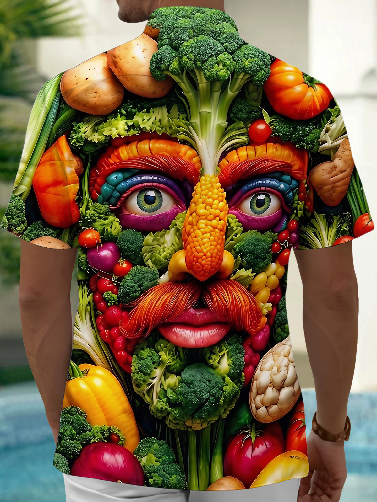 Adaychic Men's Graphic Vegetable Face Portrait Print Short Sleeve Button Down Shirt with Chest Pocket
