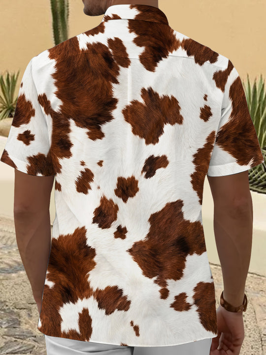 Adaychic Men's Patterned Cow Print Cowhide Pattern Short Sleeve Shirt with Chest Pocket