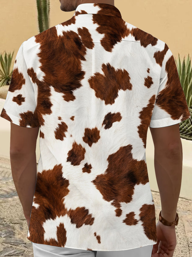 Adaychic Men's Patterned Cow Print Cowhide Pattern Short Sleeve Shirt with Chest Pocket