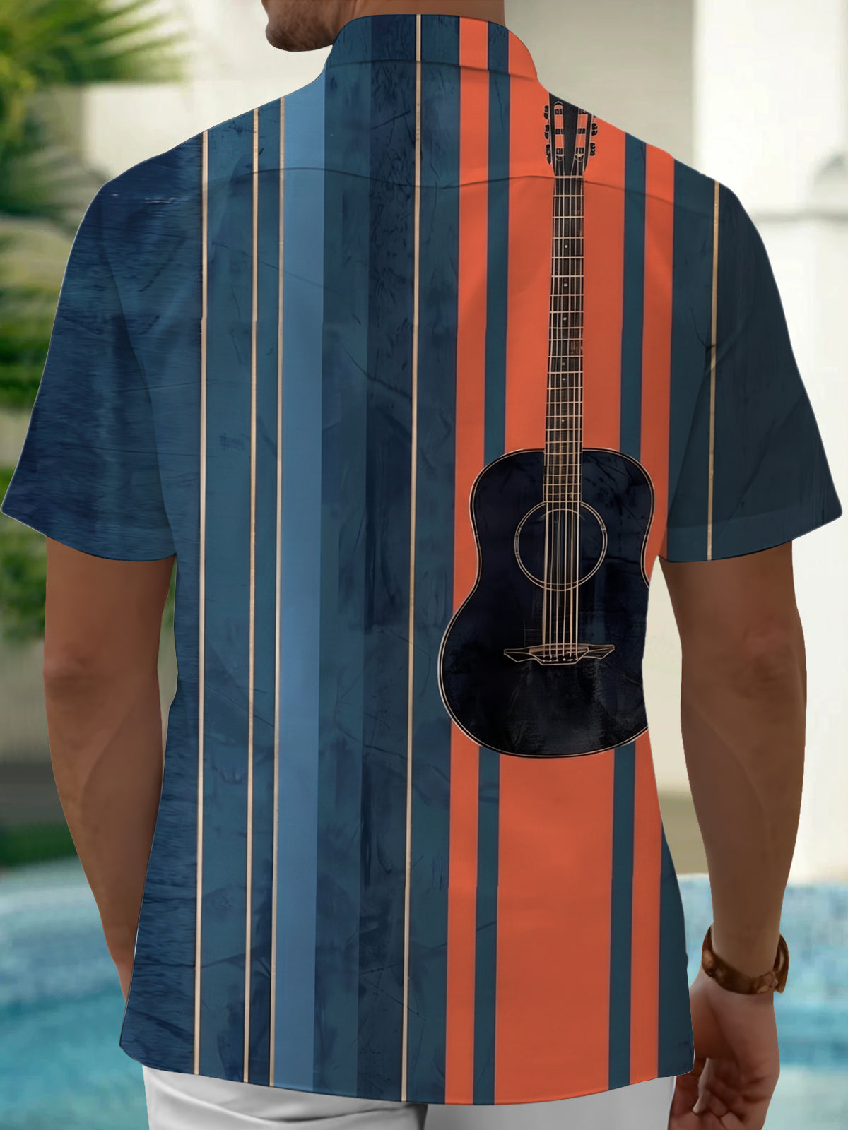 Adaychic Men's Striped Guitar Print Vertical Stripes Print Short Sleeve Shirt with Chest Pocket