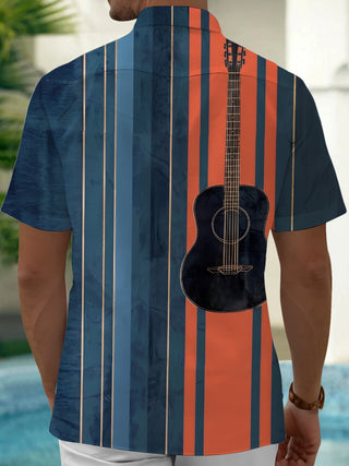 Adaychic Men's Striped Guitar Print Vertical Stripes Print Short Sleeve Shirt with Chest Pocket
