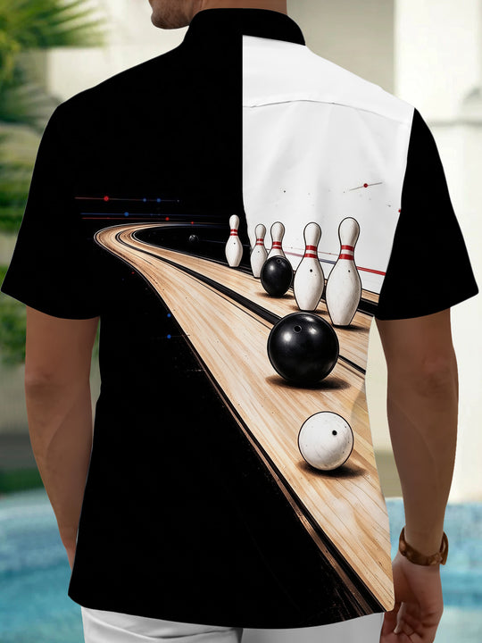 Adaychic Men's Bowling Pins And Bowling Balls On Lane Print Short Sleeve Shirt with Chest Pocket