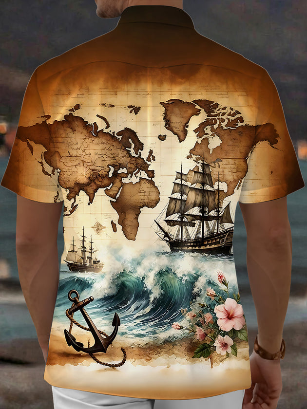 Retro Boat Anchor Map Men's Pocket Short Sleeve Shirts