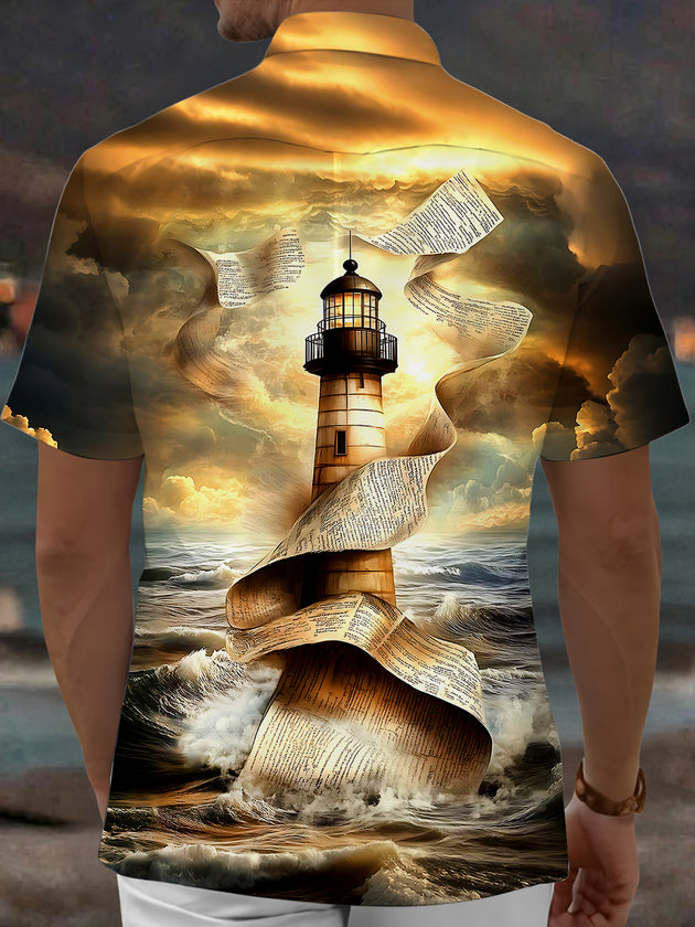 Adaychic Men's Graphic Lighthouse Print Ocean Waves Print Short Sleeve Shirt with Chest Pocket