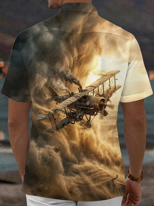 Adaychic Men's Vintage Style Steampunk Biplane Print Short Sleeve Shirt with Chest Pocket