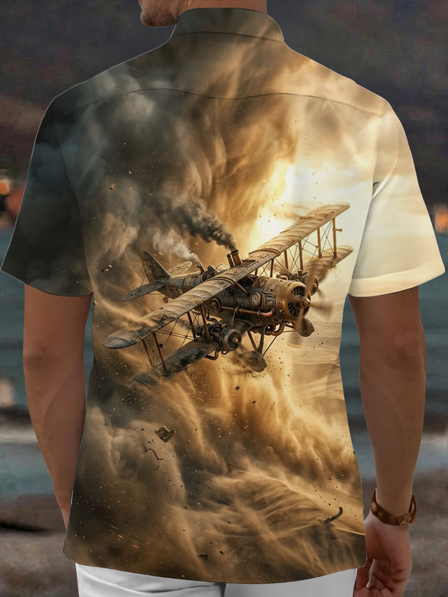 Adaychic Men's Vintage Style Steampunk Biplane Print Short Sleeve Shirt with Chest Pocket