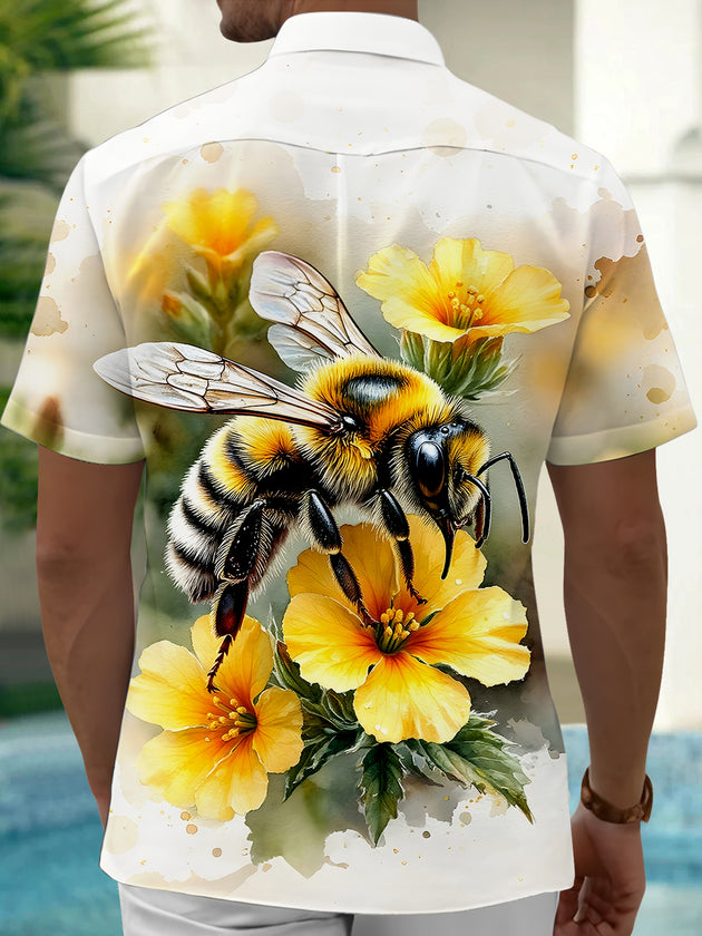 Hawaiian Bee Floral Men's Pocket Short Sleeve Shirts