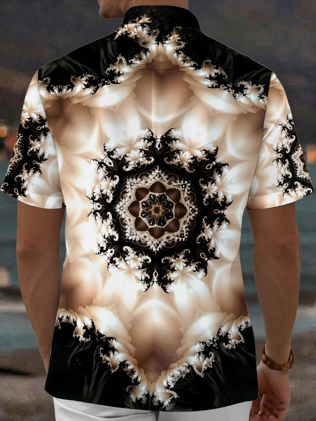 Adaychic Men's Printed Fractal Mandala Pattern Short Sleeve Shirt with Chest Pocket