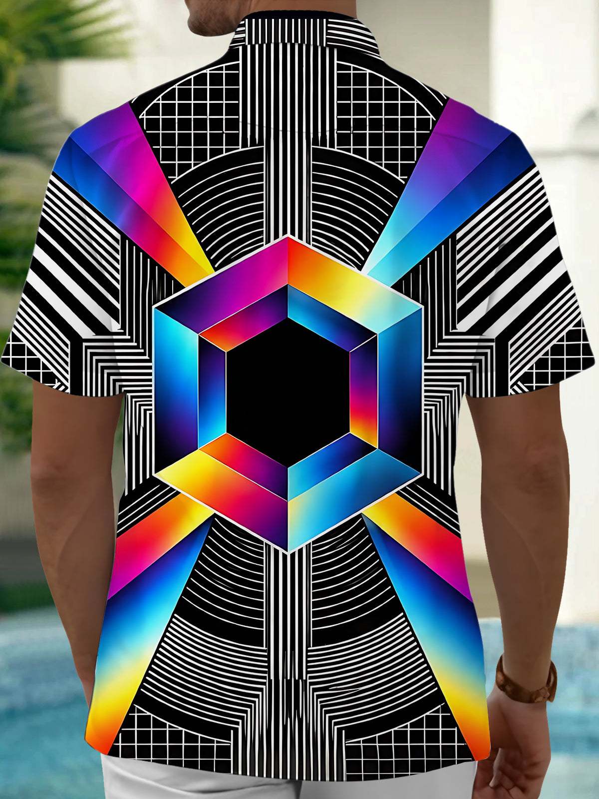 Adaychic Men's Geometric Rainbow Hexagon And Stripes Print Short Sleeve Shirt with Chest Pocket