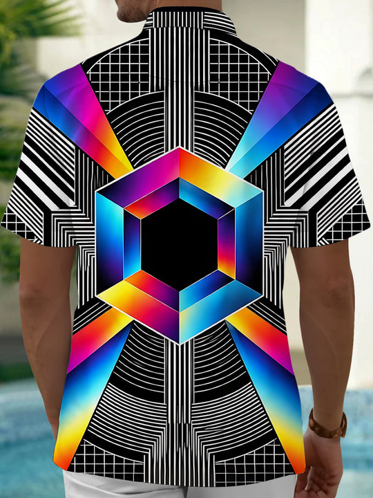 Adaychic Men's Geometric Rainbow Hexagon And Stripes Print Short Sleeve Shirt with Chest Pocket