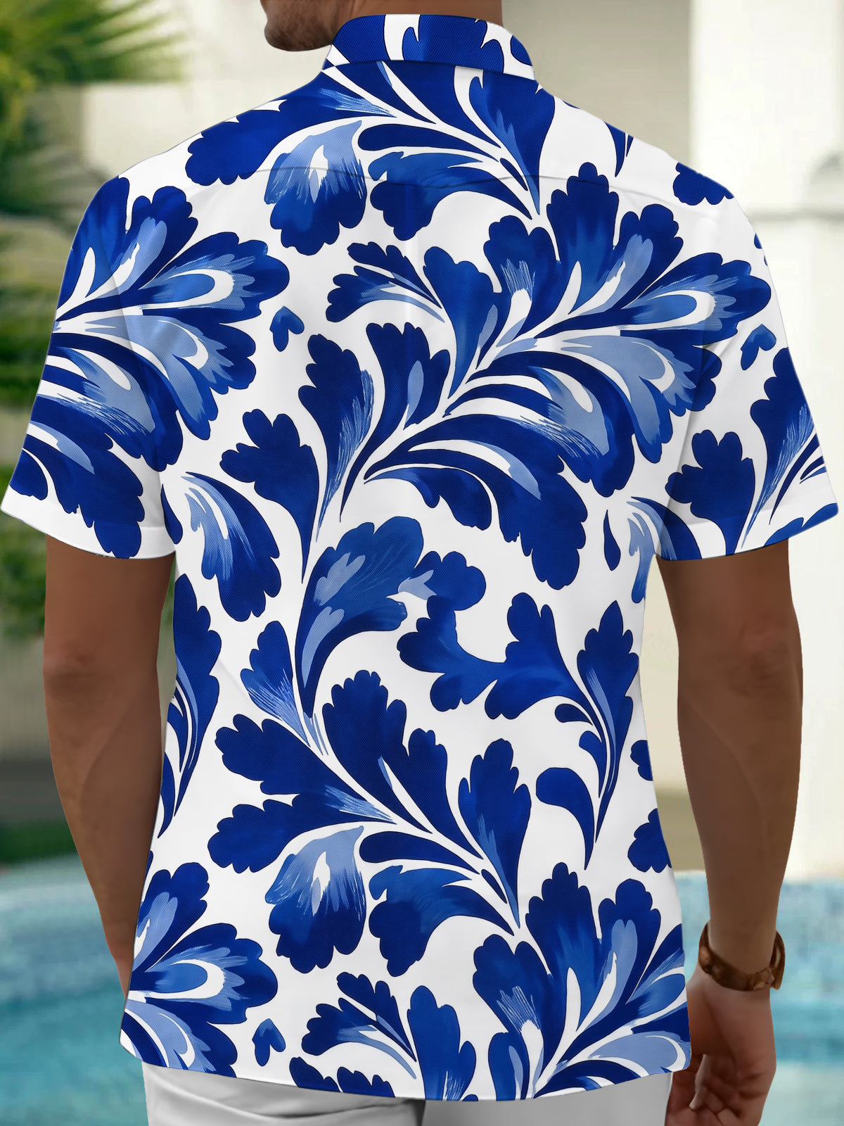 Adaychic Men's Hawaiian Blue Floral Print Short Sleeve Shirt with Chest Pocket