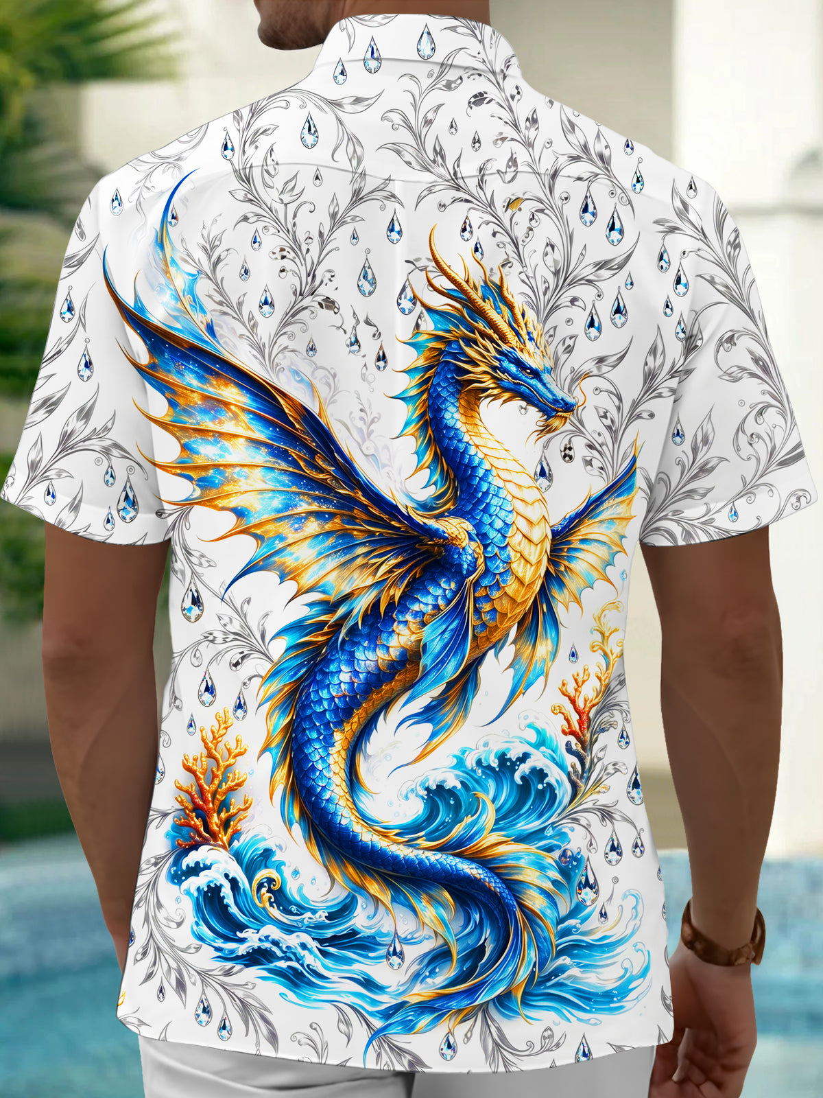 Adaychic Men's Blue And Golden Dragon On Waves Print Short Sleeve Shirt with Chest Pocket