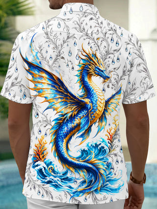 Adaychic Men's Blue And Golden Dragon On Waves Print Short Sleeve Shirt with Chest Pocket