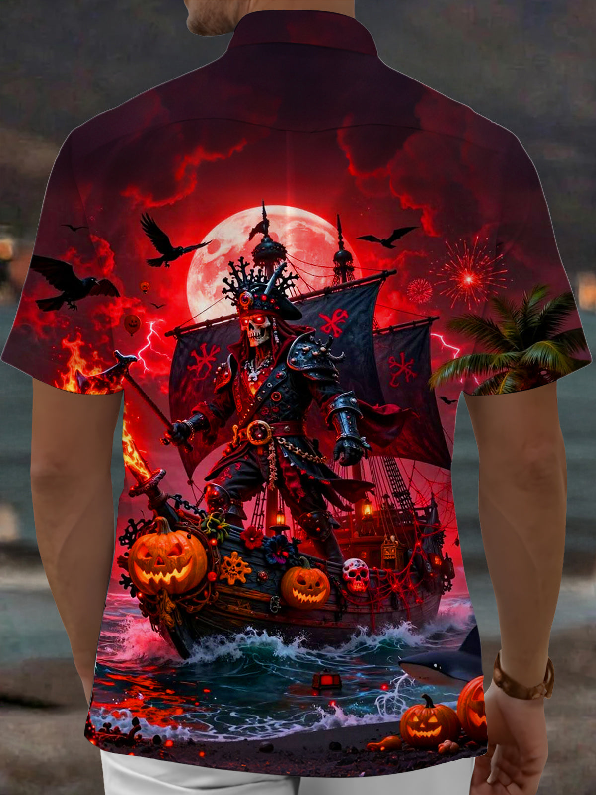 Adaychic Men's Graphic Halloween Pirate Ship Print Short Sleeve Shirt with Chest Pocket