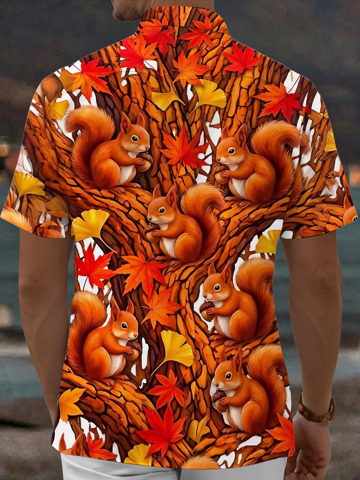 Adaychic Men's Hawaiian Autumn Squirrel Print Short Sleeve Shirt with Chest Pocket