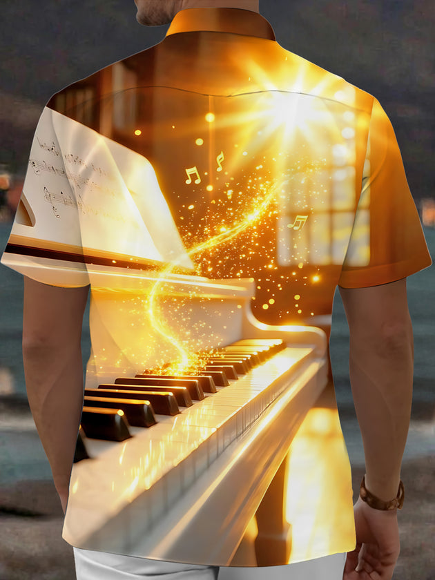 Adaychic Men's Printed Piano Keyboard Print Short Sleeve Shirt with Chest Pocket