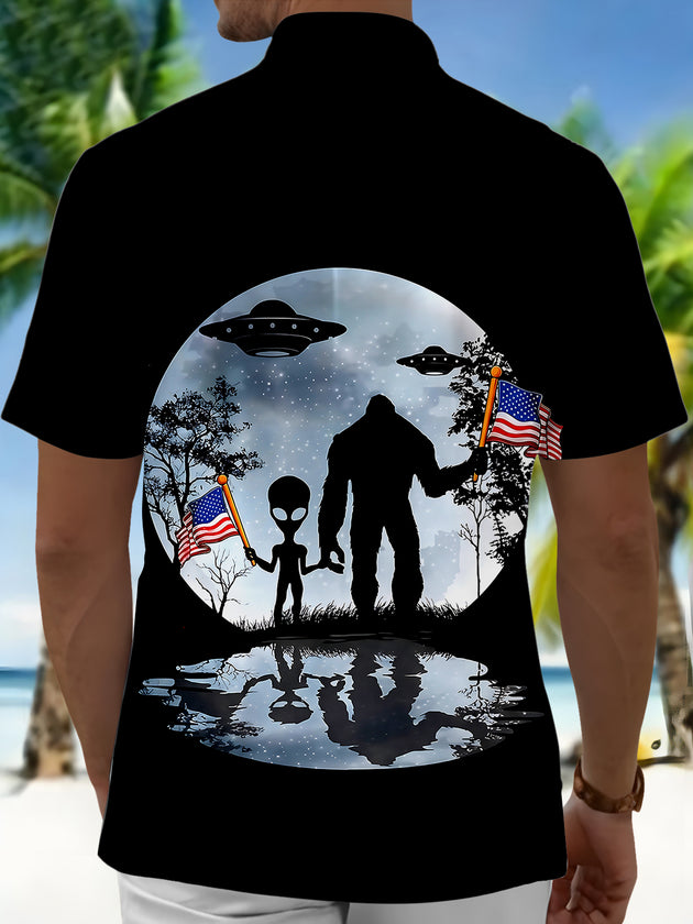 Independence American Flag Alien Men's Pocket Short Sleeve Shirts
