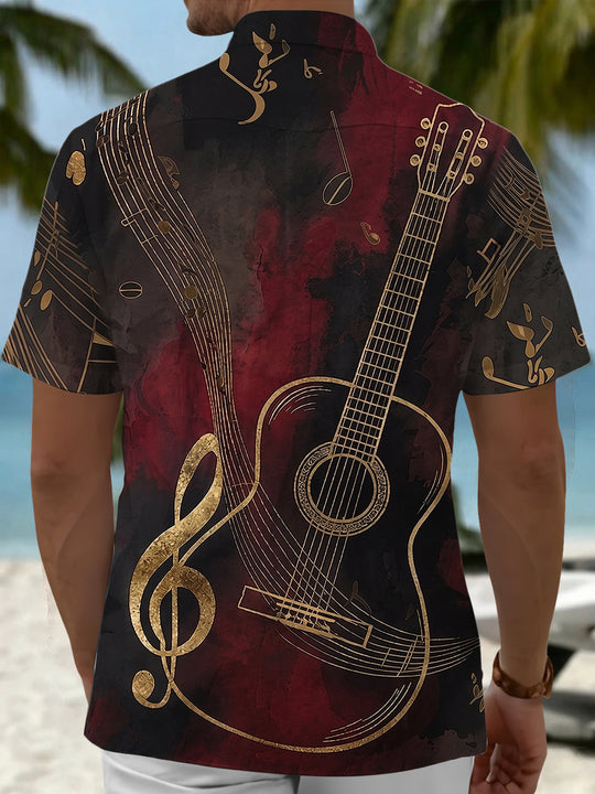 Adaychic Men's Acoustic Guitar Musical Note Graphic Print Short Sleeve Button Down Shirt with Chest Pocket