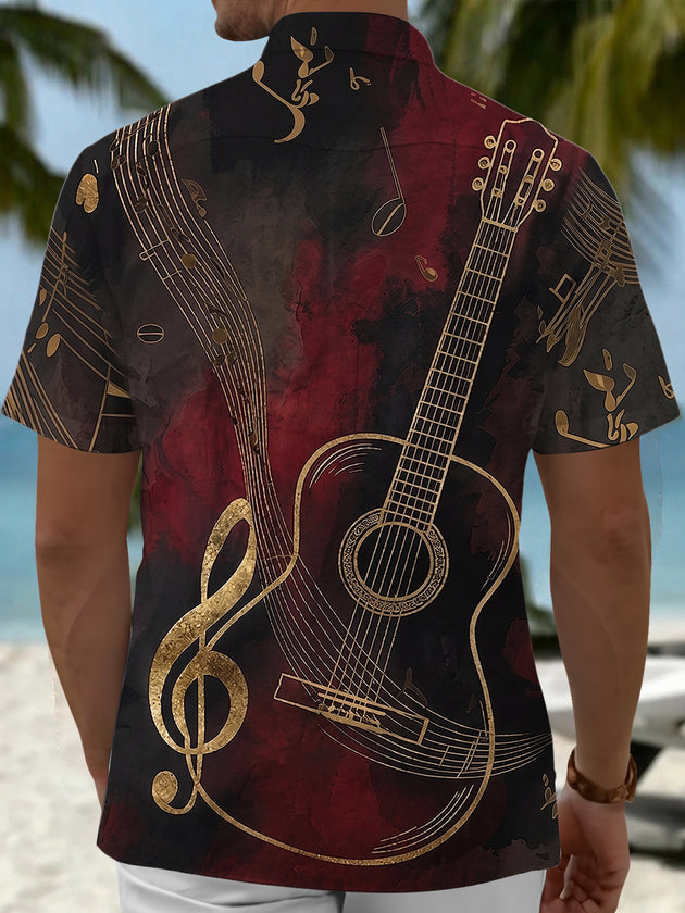 Adaychic Men's Acoustic Guitar Musical Note Graphic Print Short Sleeve Button Down Shirt with Chest Pocket