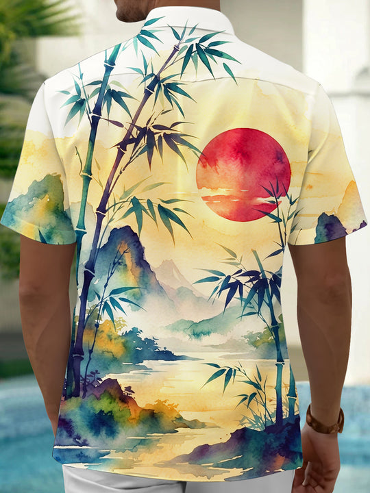 Adaychic Men's Hawaiian Bamboo Landscape With Red Sun Print Short Sleeve Shirt with Chest Pocket