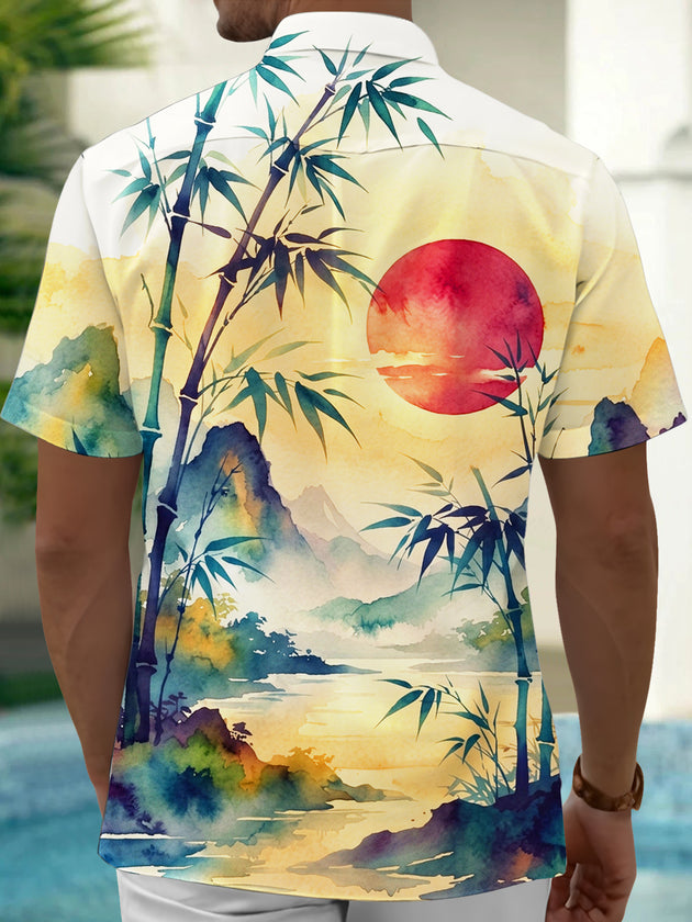 Adaychic Men's Hawaiian Bamboo Landscape With Red Sun Print Short Sleeve Shirt with Chest Pocket