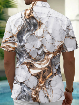 Adaychic Men's 3D Marble Texture Print Short Sleeve Shirt with Chest Pocket