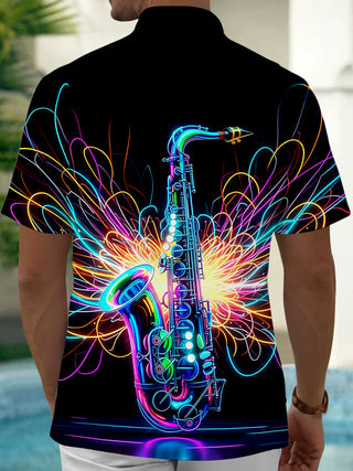 Adaychic Men's Graphic Neon Saxophone Print Short Sleeve Shirt with Chest Pocket