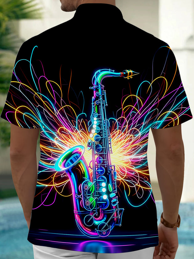 Adaychic Men's Graphic Neon Saxophone Print Short Sleeve Shirt with Chest Pocket