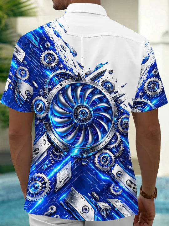 Adaychic Men's Graphic Mechanical Turbine Gear Print Short Sleeve Shirt with Chest Pocket