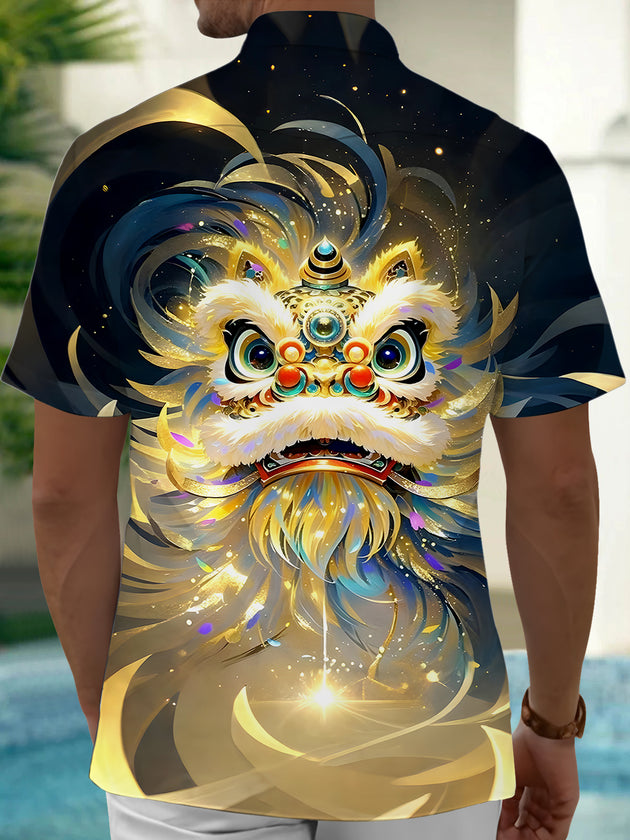 Men's black dragon print short sleeve shirt back view