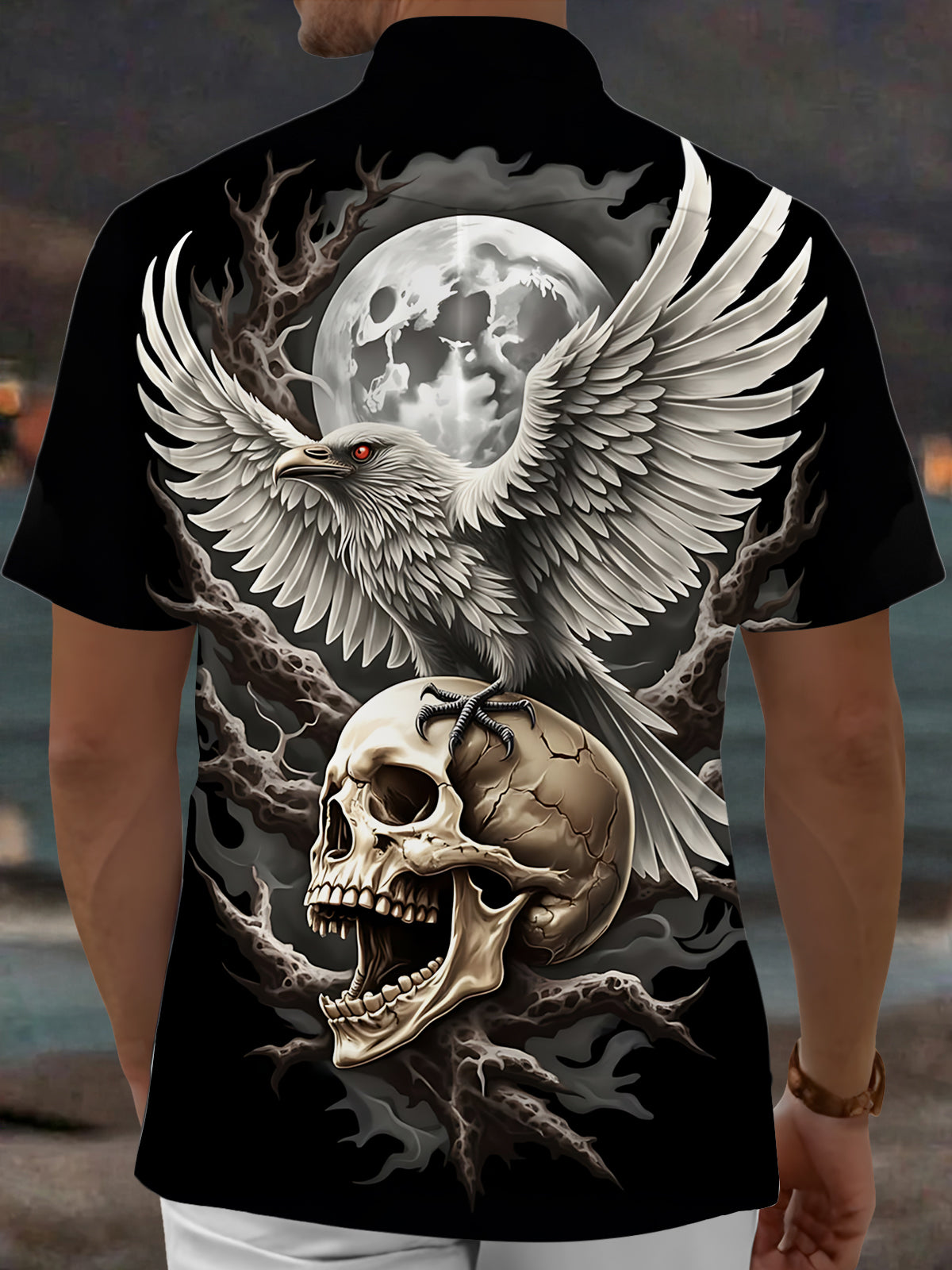 Adaychic Men's Graphic Skull And Raven Print Full Moon Print Short Sleeve Shirt with Chest Pocket