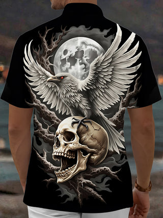 Adaychic Men's Graphic Skull And Raven Print Full Moon Print Short Sleeve Shirt with Chest Pocket