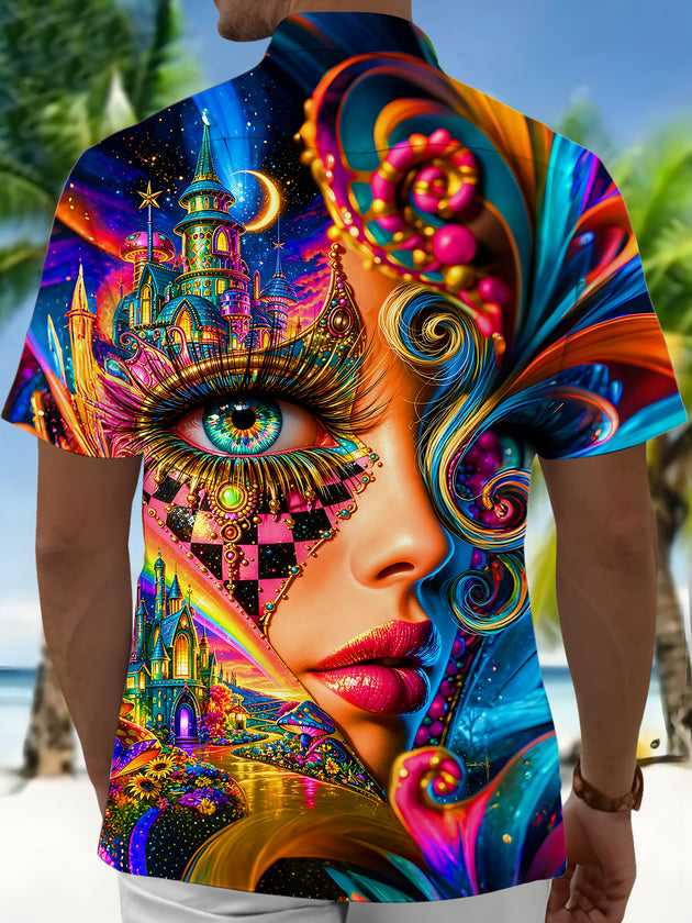 Adaychic Men's Graphic Pattern Print Short Sleeve Shirt with Chest Pocket