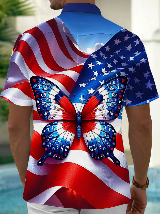 Independence American Flag Butterfly Men's Pocket Short Sleeve Shirts