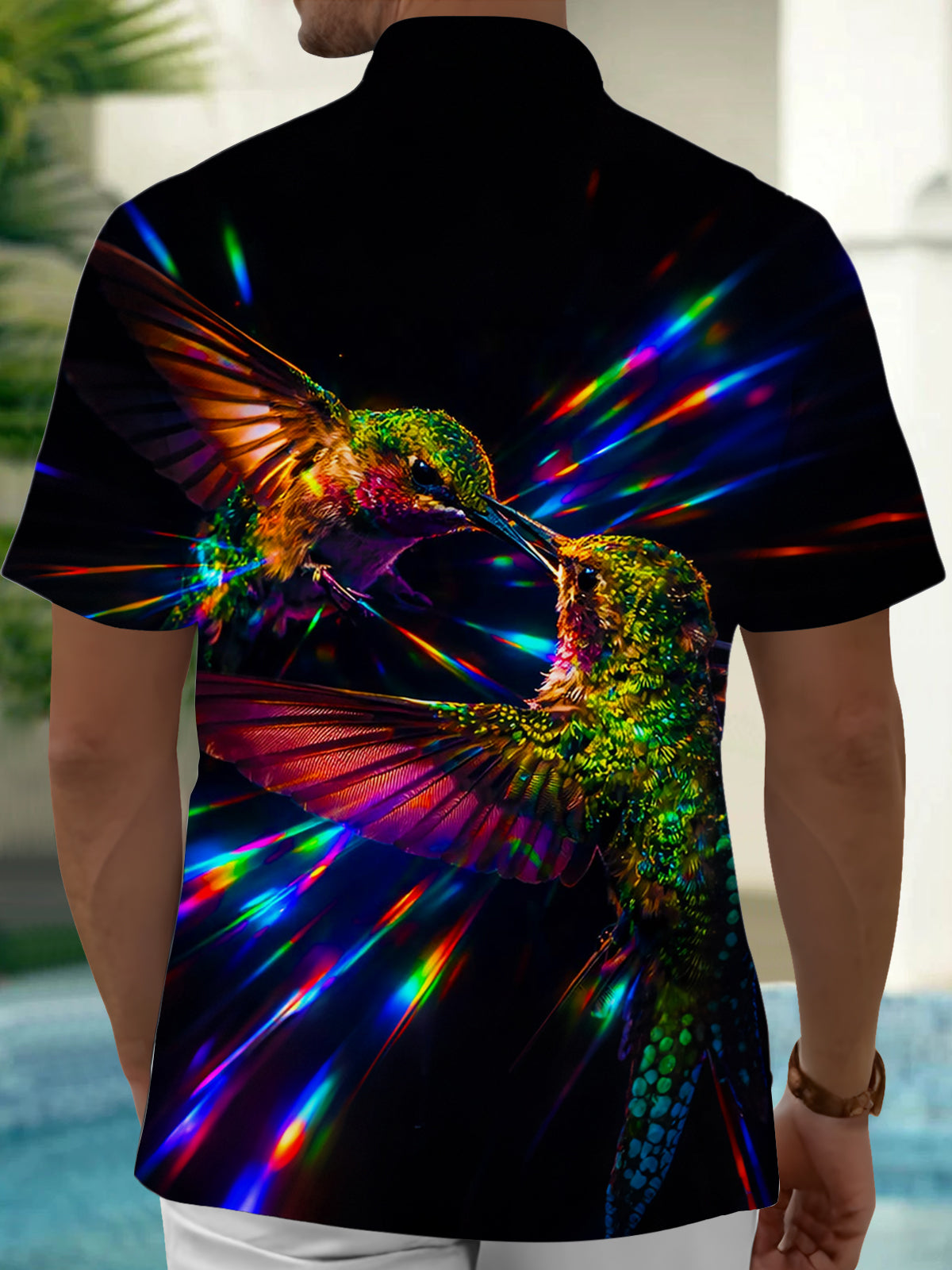 Adaychic Men's Hawaiian Colorful Hummingbirds Print Short Sleeve Shirt with Chest Pocket