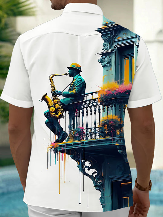 Adaychic Men's Graphic Saxophone Musician Print Short Sleeve Shirt with Chest Pocket