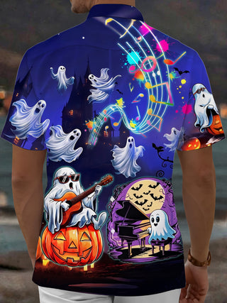 Adaychic Men's Graphic Halloween Ghosts Print Short Sleeve Shirt with Chest Pocket