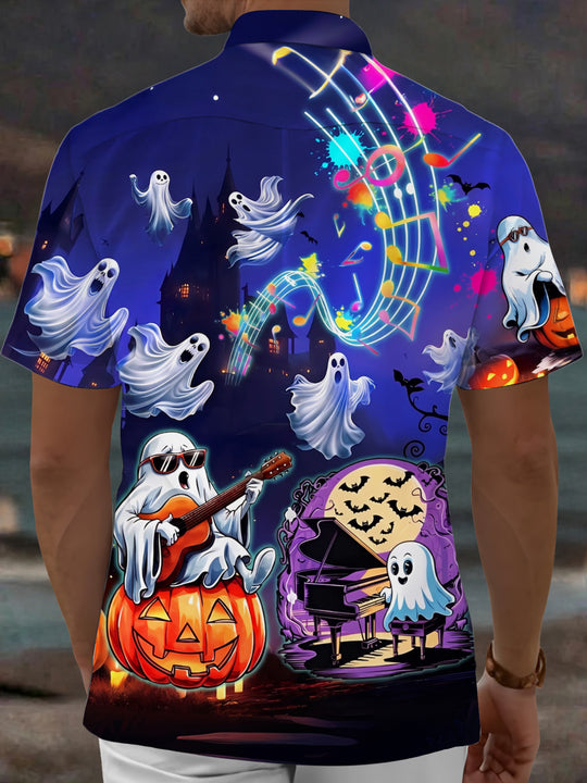 Adaychic Men's Graphic Halloween Ghosts Print Short Sleeve Shirt with Chest Pocket